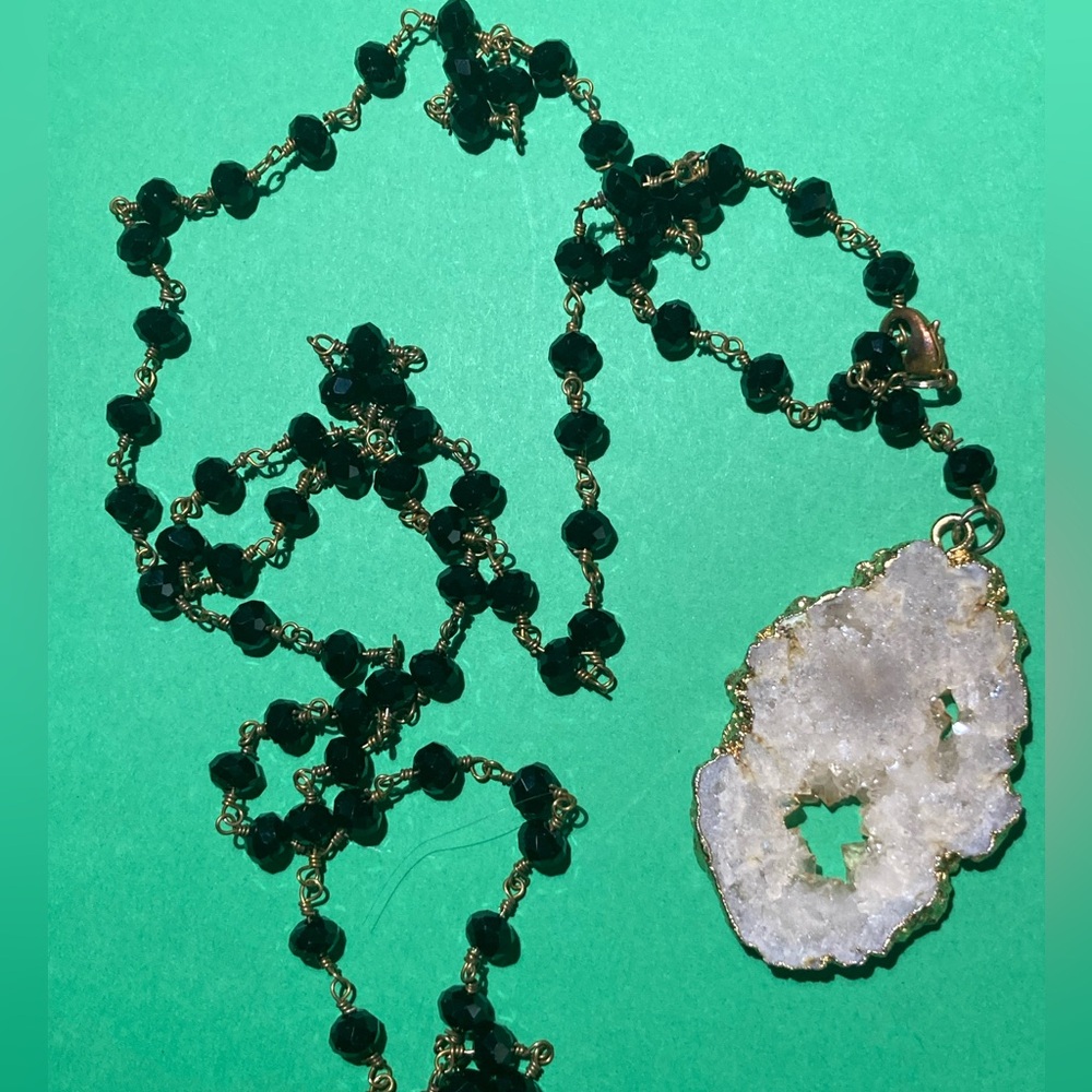Natural Druzy Quartz Necklace on gold color setting with black faceted beads